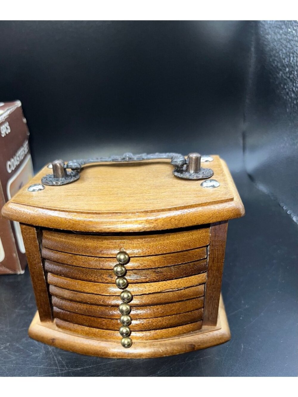 8-Piece Wooden Coaster Set With Holder and handle Vintage Made In Taiwan 1980’s